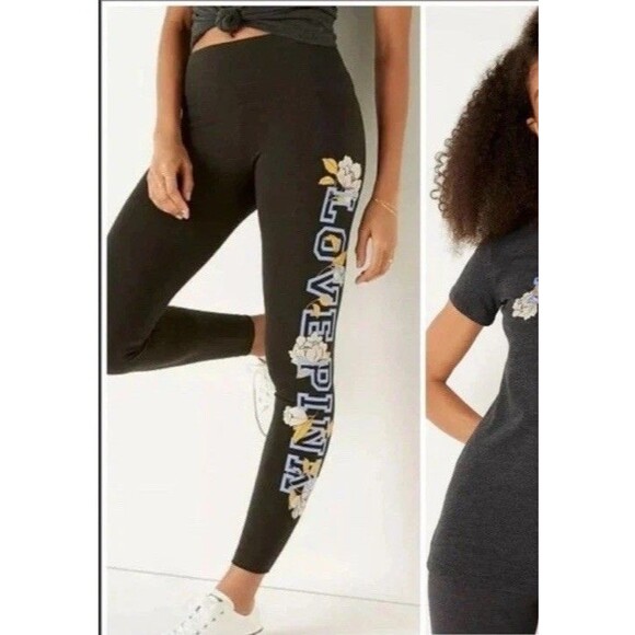 Victoria's Secret Pink Floral SS High Waist Leggings Gray Lilac Logo XL - Picture 3 of 4